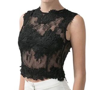 ANGl Black Floral Lace Sleeveless Top Scalloped Zip Back Size Large Romantic